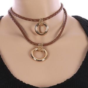 Brown rope necklace  two goldtone circle